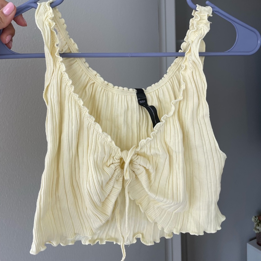 Urban Outfitters cropped pastel yellow tie-front ruched shirt